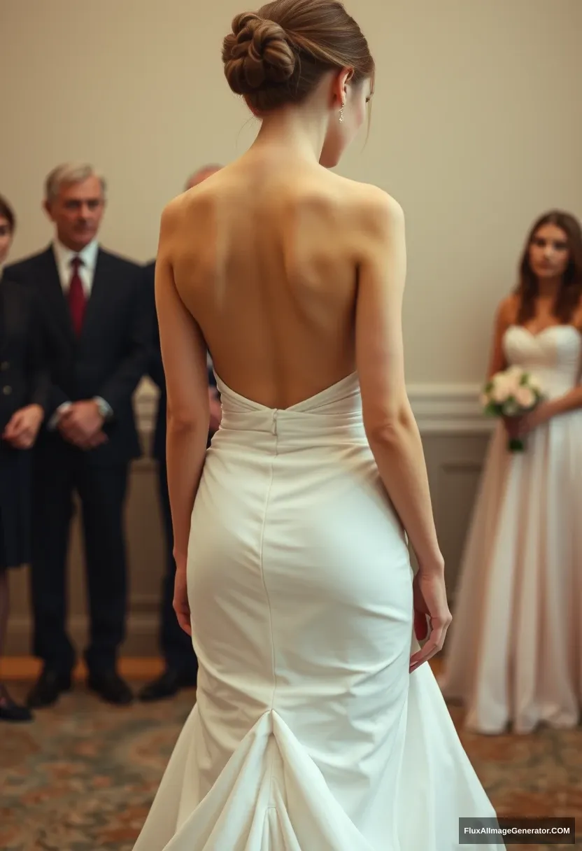 A short young woman, sensitive, delicate, backless strapless side-less low-waisted contouring wedding dress with a loose front and an undone rear. Submitting before the council of fathers. Expectations. Perfect posture. Pale skin. - Image