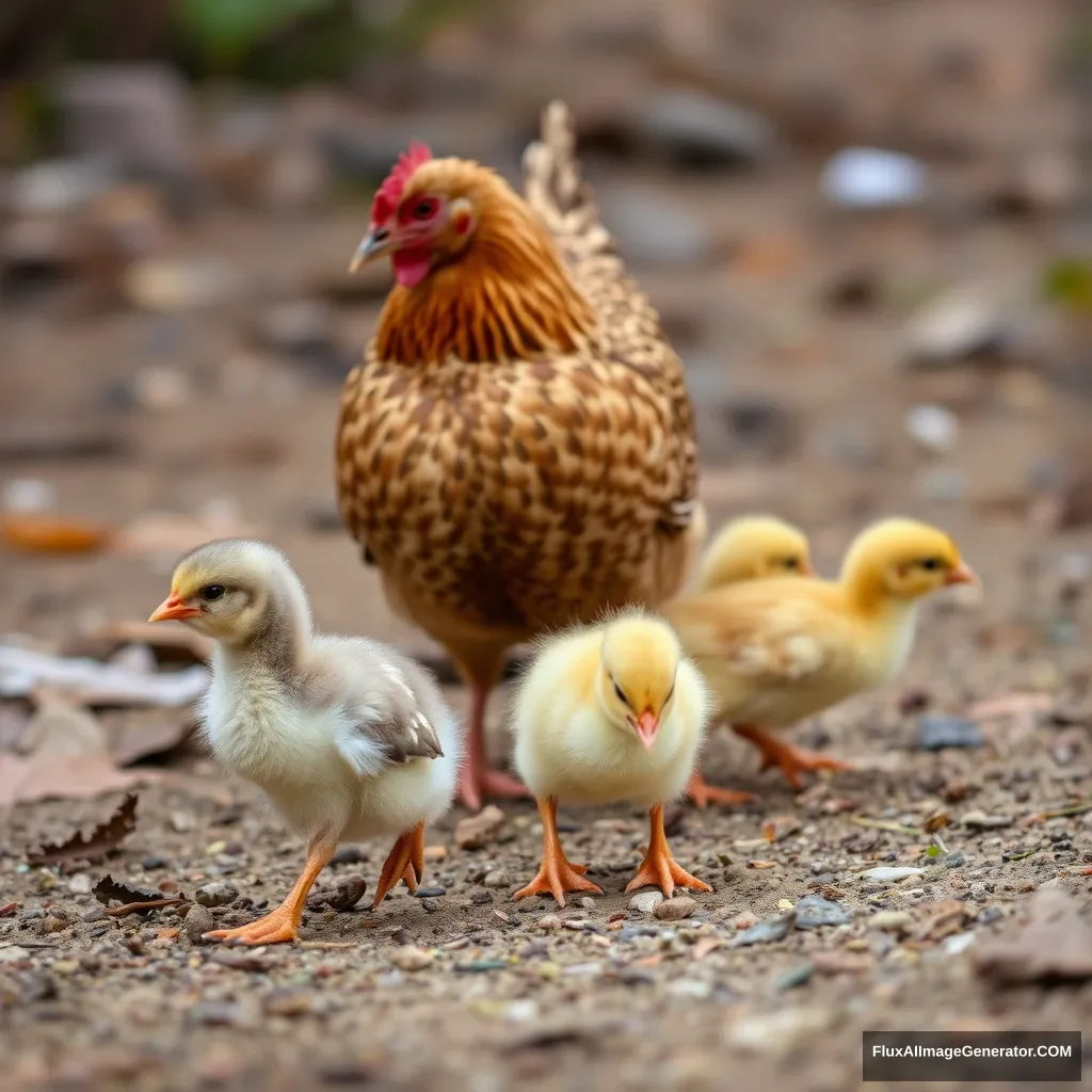 Chicks follow behind the mother hen. - Image