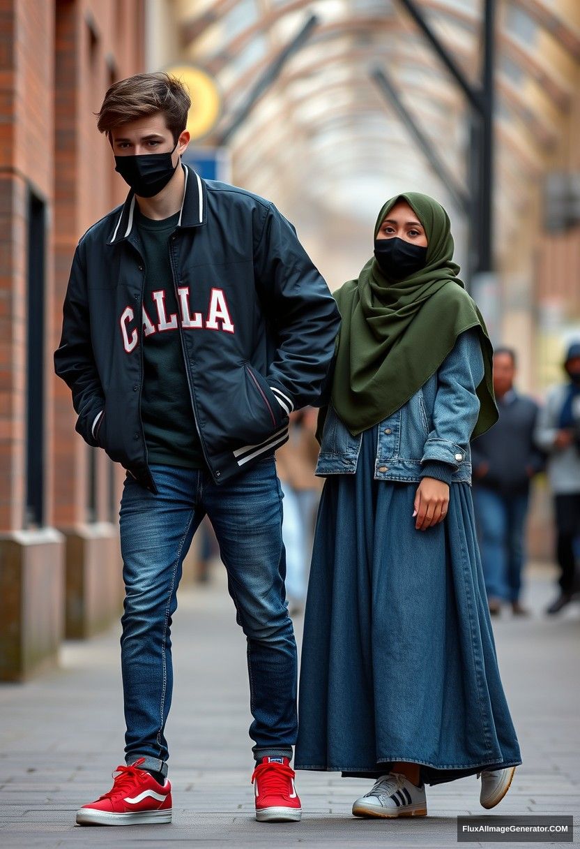 Jamie Dornan, young, black face mask, capital A collage jacket, jeans, red sneakers, dating, romantic love with a girl in the biggest army green hijab, beautiful eyes, black face mask, college jacket, biggest longest skirt, not a tall girl, photorealistic, realistic, street photography, full photography. - Image