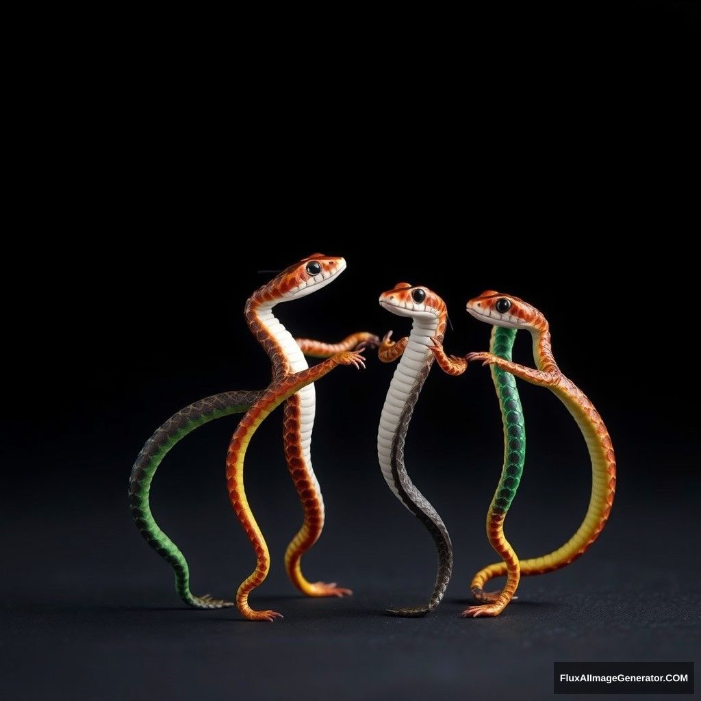 4 thin tiny snakes dancing, colorful snakes expertly coiled and gracefully performing a dance. - Image