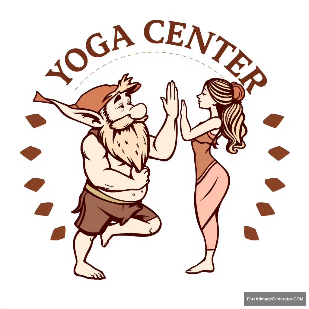 Typical yoga center logo, but with a muscular dwarf with a beard flirting with a woman by touching her nose in a yoga pose.