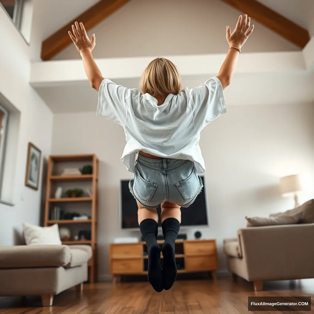 A right angle of a slim blonde woman in her large living room, wearing an extremely oversized white t-shirt that is also very uneven on one of the shoulder sleeves. She has on loose, unrolled light blue denim shorts and knee-high black socks without shoes. She is facing her TV, diving headfirst with both arms raised below her head, which is looking up, while her legs are in the air, at a -60 degree angle.