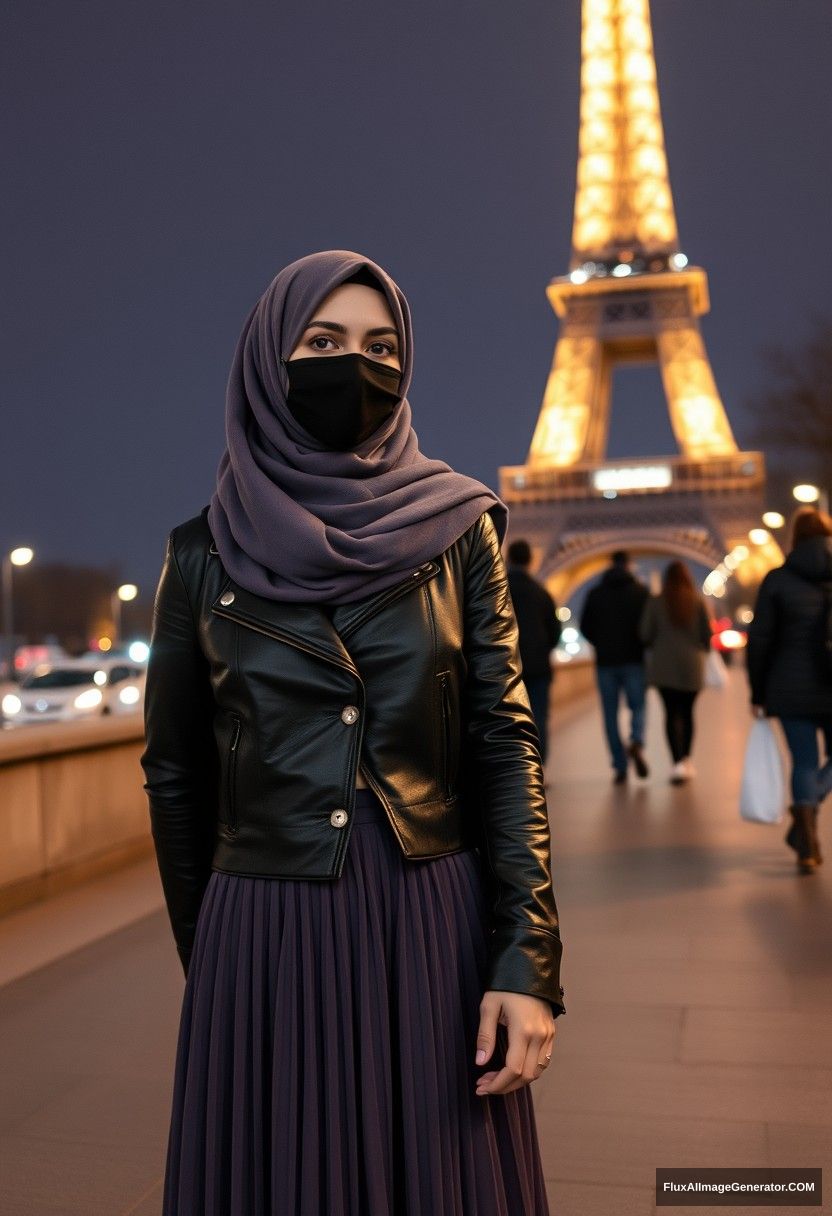 Biggest grey hijab Muslim girl, beautiful eyes, face mask black, leather jacket, biggest longest skirt, standing near Eiffel Tower, night scenery, strangers back, hyper realistic, photorealistic, street photography, hold someone's hand from opposite, come hold my hand.