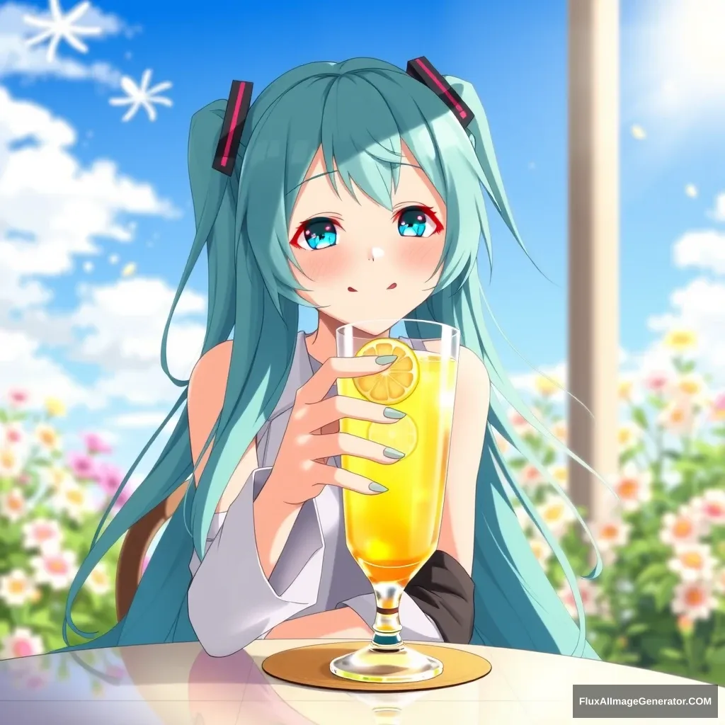 Hatsune Miku sitting at a sunny table, holding a glass of lemon tea with a slice of lemon on the rim. She has a cheerful expression, her turquoise hair flowing gently in the breeze, and the sunlight casting a warm glow around her. The background features blooming flowers and a clear blue sky, enhancing the serene atmosphere.