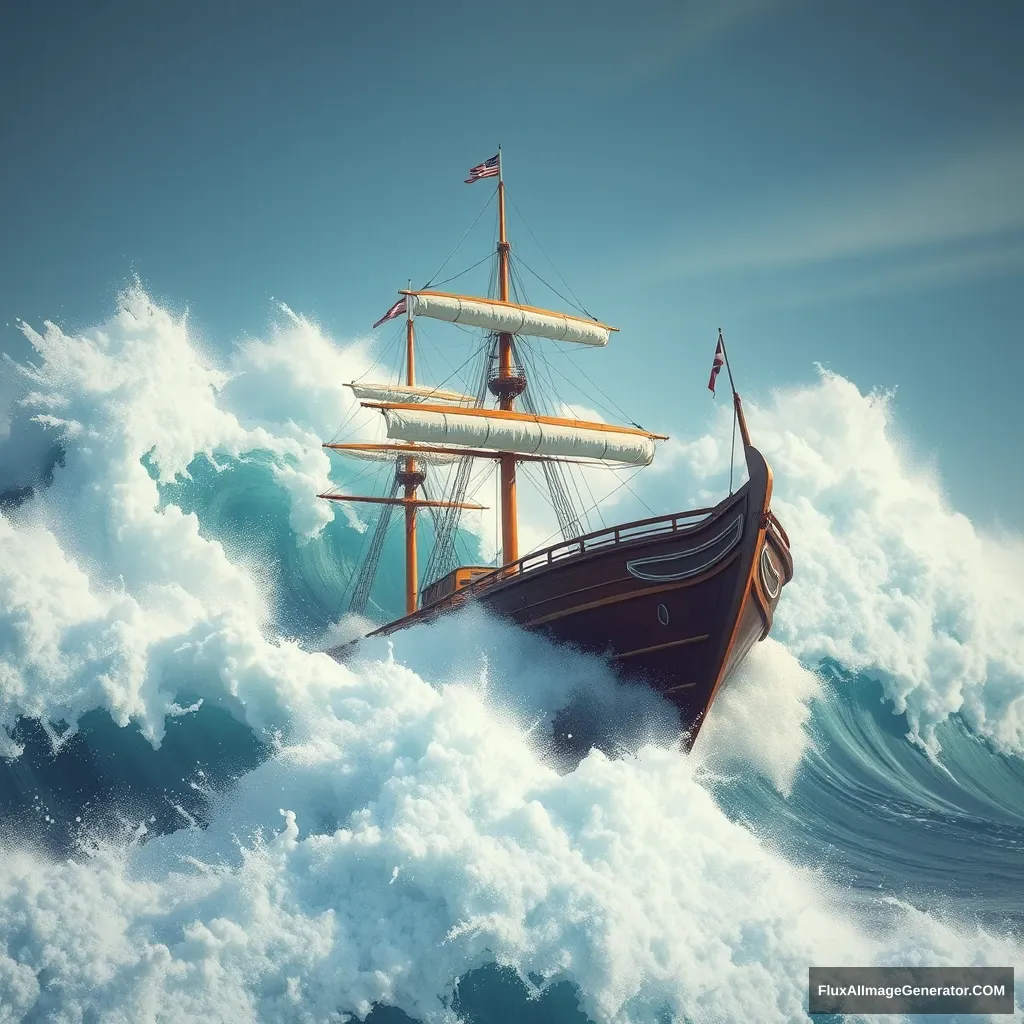 "The ship sailing in the towering waves." - Image