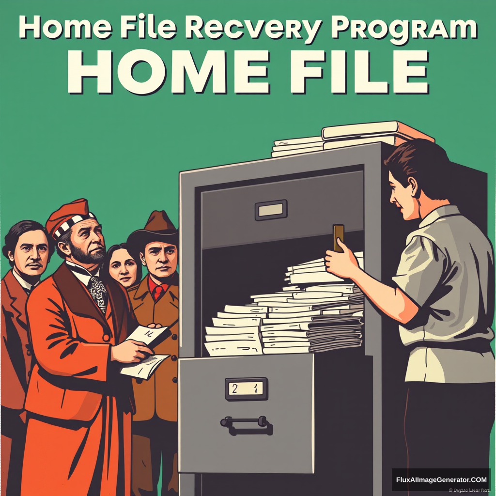 "Make a propaganda poster for a program called: Home File Recovery Program. The poster should show historical figures from Guanajuato and other citizens depositing documents into a filing cabinet."