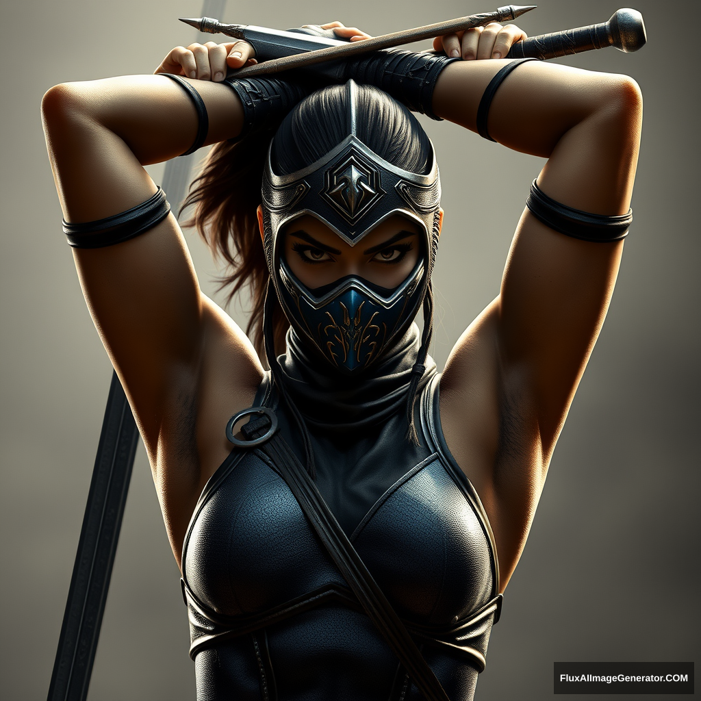 Kitana from Mortal Kombat, arms crossed above her head with weapons in her hands, hyper realistic photo. - Image