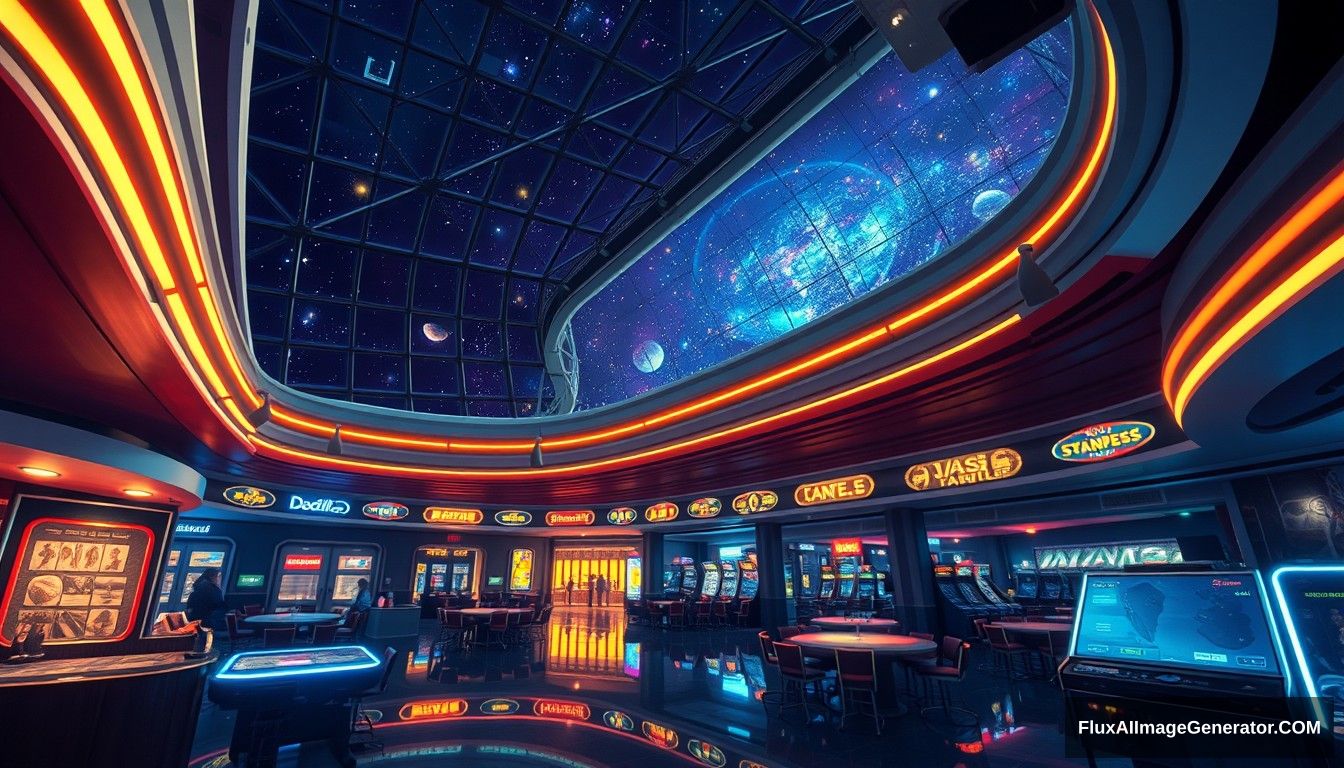 Cel shaded art, wide shot, from above, Dutch angle, from side, perspective, intense angle, depth of field  
Space, universe, space station, lobby, sunlight, retro, 70s, indoor, night, star, neon, warm light, game room, entertainment, glass ceiling.