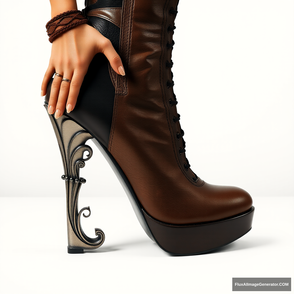 A high-fashion stiletto boot with a unique heel designed as a metallic sculpture of an entire woman's body with leg and arm in an artistic and sexy pose embracing the boot body, intricate details, leather, suede parts, nails, lace. - Image