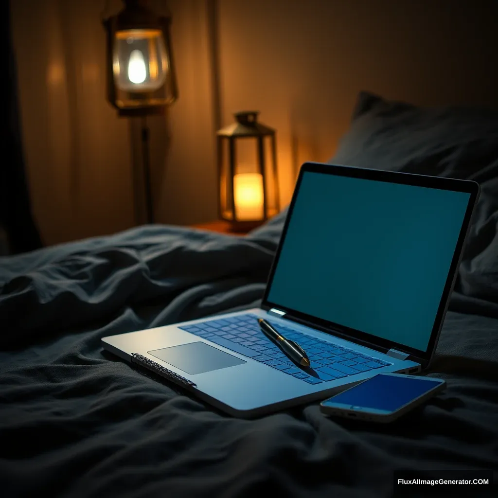 On Laptop, notebook, a pen, phone, on bed, hyper realistic, studio photography, lantern light, gloomy.