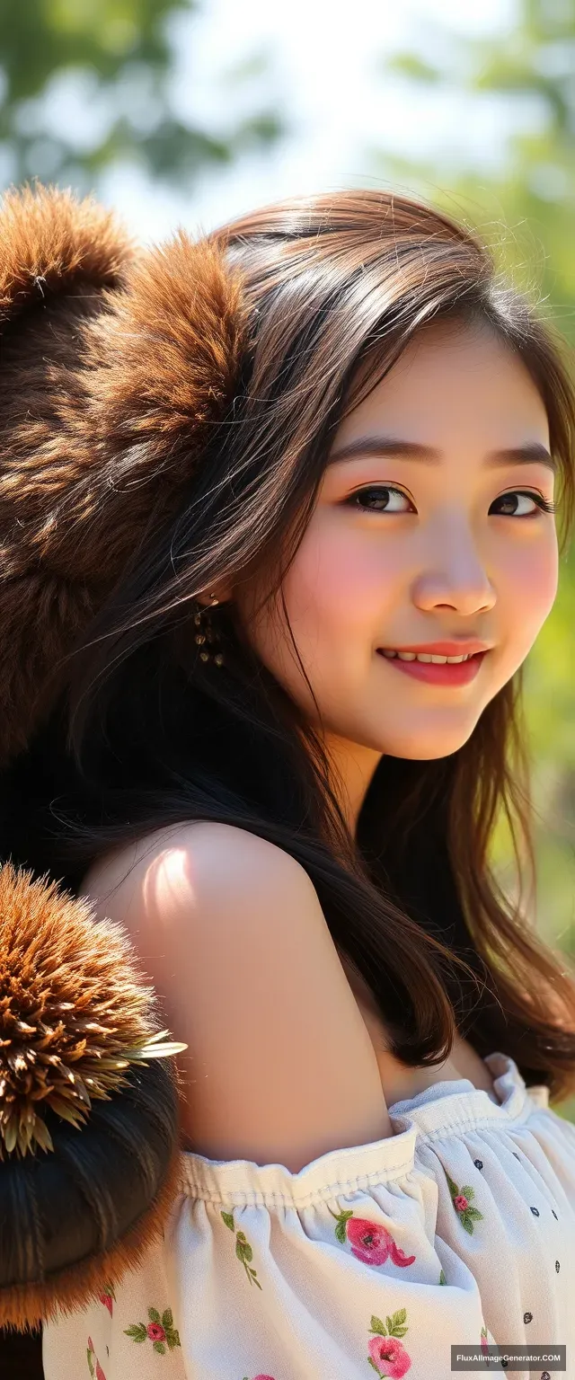 A pretty beautiful girl, Chinese, oval face, 18 years old, college student, big bear, summer. - Image