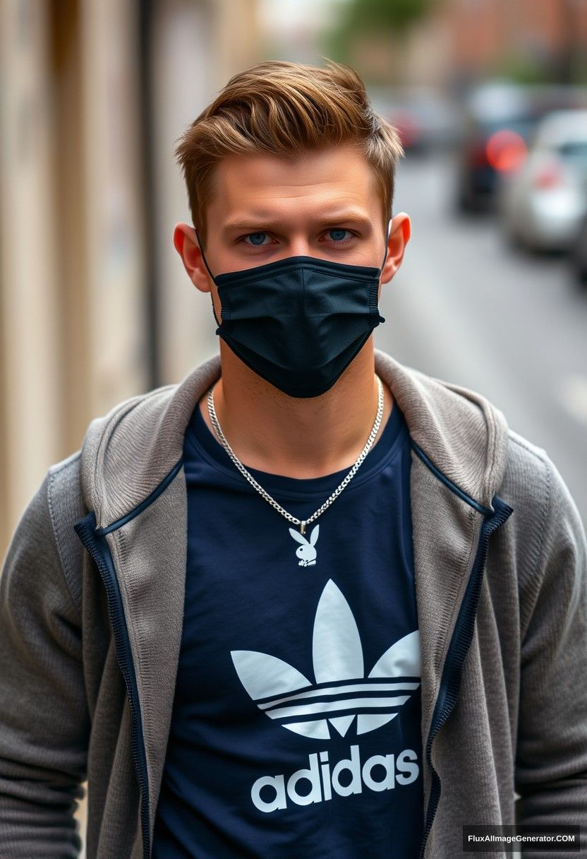 Jamie Dornan, handsome, blue eyes, wearing a silver Playboy necklace, black face mask, dark blue Adidas t-shirt, sweater jacket, jeans, black sneakers, fit body, photorealistic, street photography, full photography.