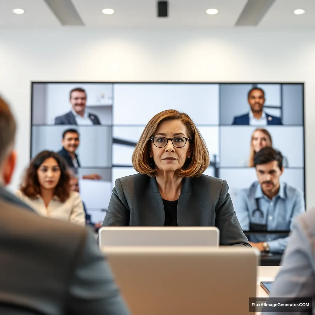 Microsoft online teams meeting for "Atos" presented by a white woman with brown bobbed hair in her fifties. People online look upset.