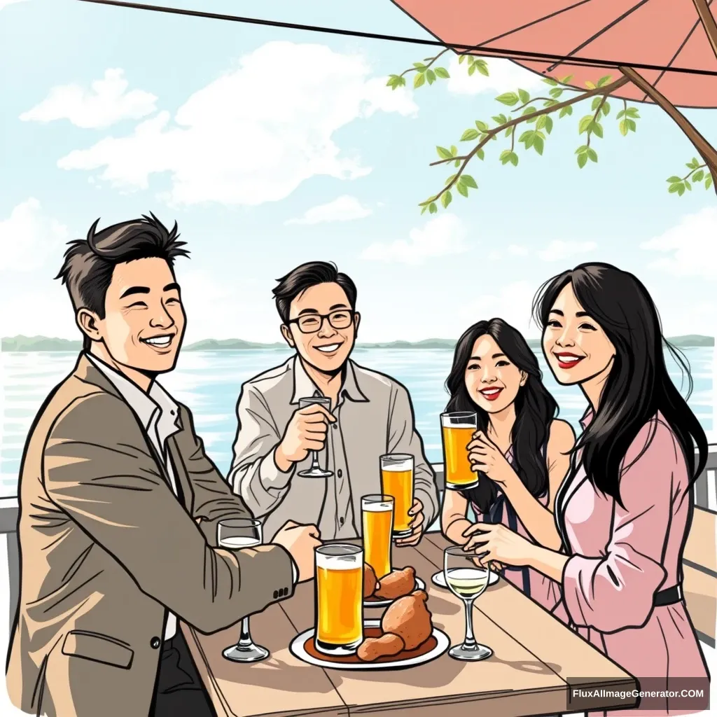 A company of Asian descent is planning a gathering for 10 male and female employees in their 30s to 50s to enjoy cool beer and chicken on a hot summer day. Before the gathering, there will be a lively atmosphere depicted in a sketch image rather than a realistic illustration, with a background of a river or sea. The attire will be somewhat formal.