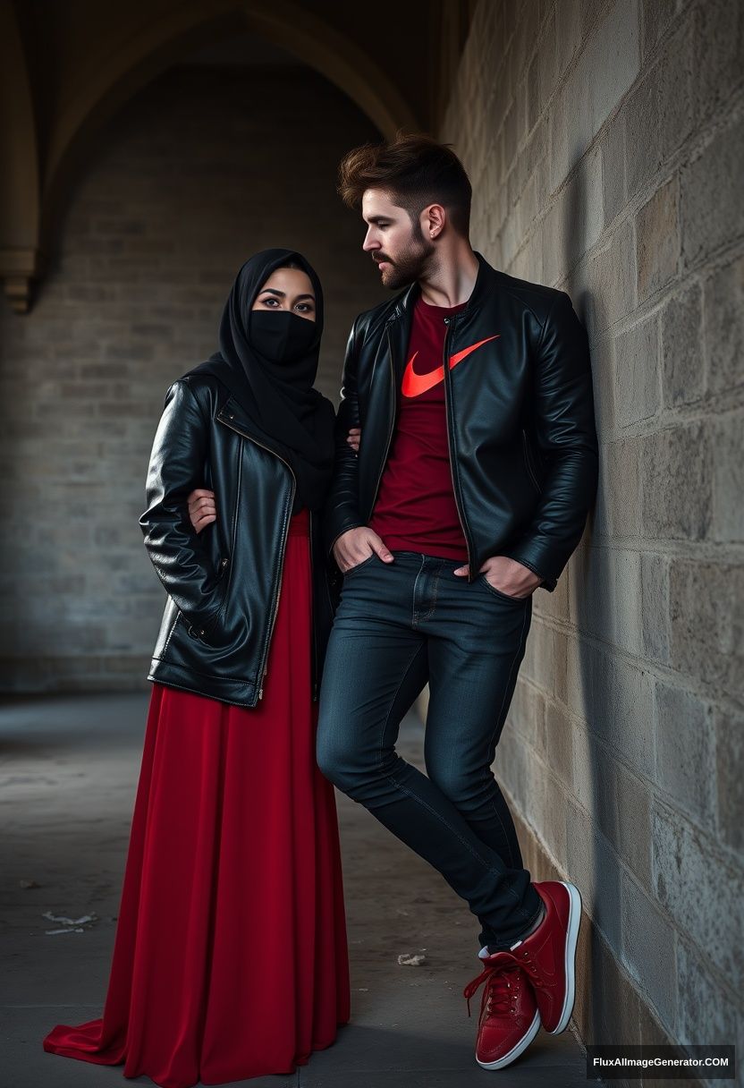 A biggest black hijab girl, beautiful eyes, face mask black, black leather jacket, biggest red longest dress, untall, standing near him and love, love couple

Jamie Dornan, handsome, youngest, face mask black, fit and tough body, Nike red t-shirt, black leather jacket, jeans, red sneaker, tall man, laying at wall, love couple

Hyper realistic, photorealistic, studio photography, Victoria's abandoned castle, gloomy.