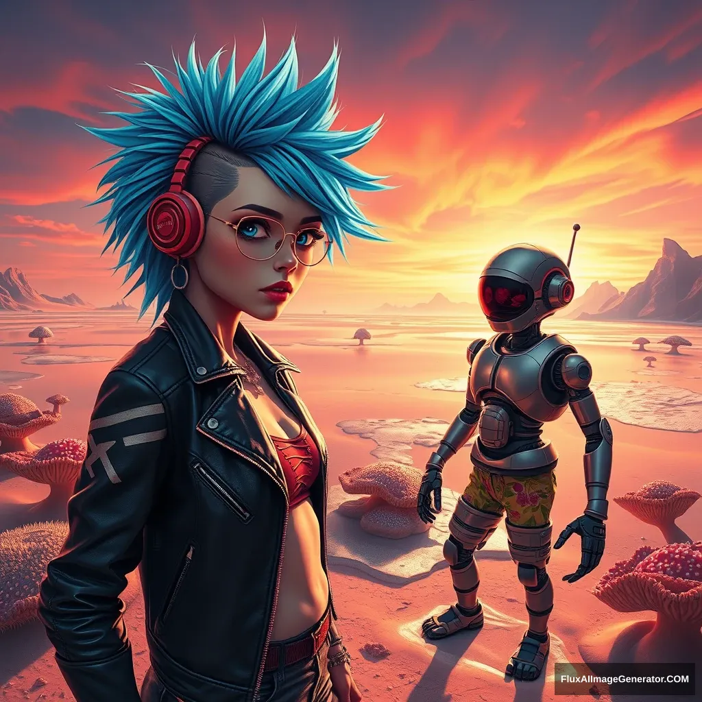 A striking, high-contrast scene showcases a punk girl with electric blue spiky hair and a leather jacket, alongside a retro-futuristic robot in Hawaiian shorts, set against a surreal alien beach with iridescent fungi and shimmering lakes under a vibrant sky. - Image