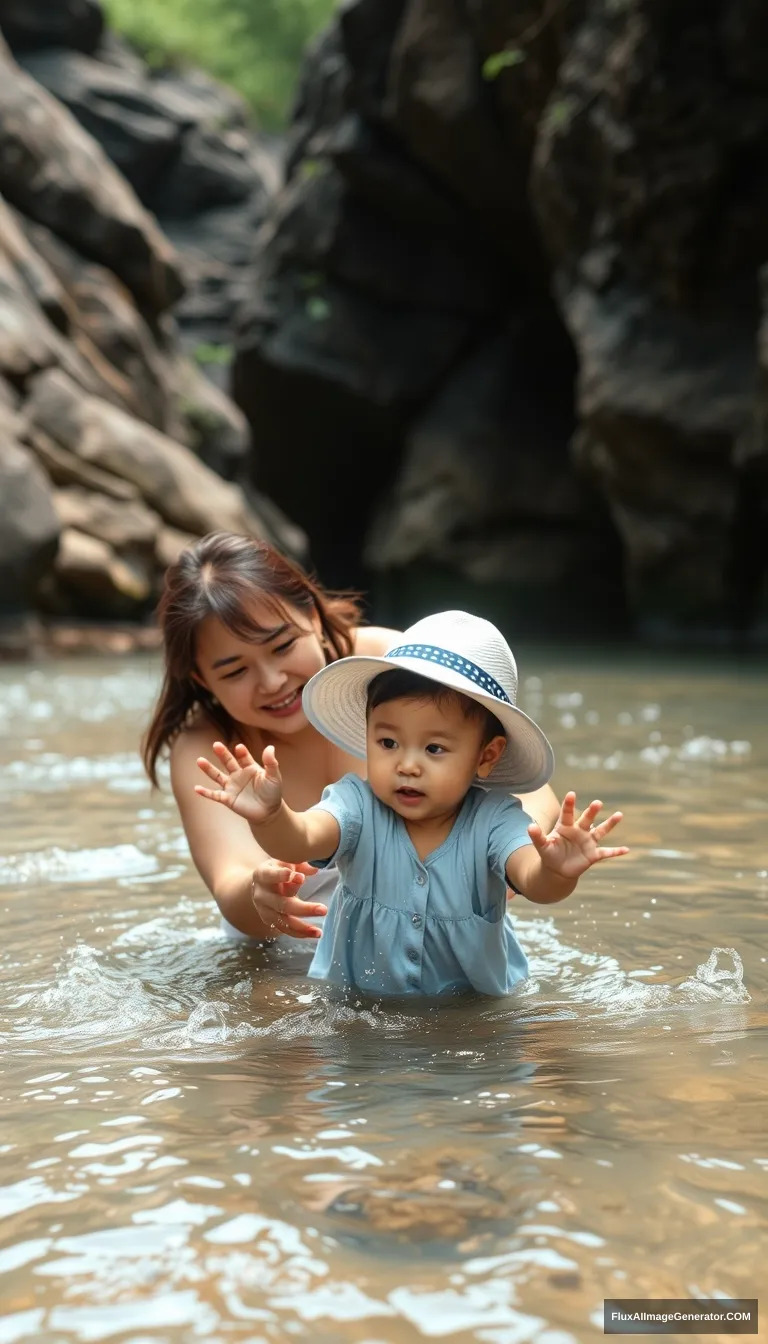 A 20-month-old Korean female child with a white hat is playing with her mom in a watery ravine, 8K, hyper-realistic photo. - Image