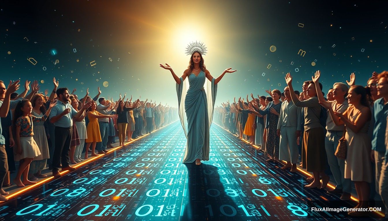 Photorealistic, Instagram-style image featuring a bright and hopeful scene depicting the concept of blockchain and decentralization. The scene is captured from a distant, wide-angle perspective, showcasing its grand scale. In the foreground, a futuristic and sci-fi styled goddess symbolizing blockchain and decentralization leads the people towards a bright future. She stands on a digital road made of glowing lines and various random characters, including 0s and 1s, symbolizing the path of digitalization. Light shines from the front, illuminating the goddess and casting a warm, hopeful glow over the entire scene. She is surrounded by families and individuals of predominantly European descent who are joyous and supportive, reaching out their hands towards the goddess, symbolizing their desire to follow her. The background is filled with elements that evoke a sense of hope and optimism. The overall aesthetic is vibrant and polished, with a modern Instagram filter applied to enhance colors and contrast.