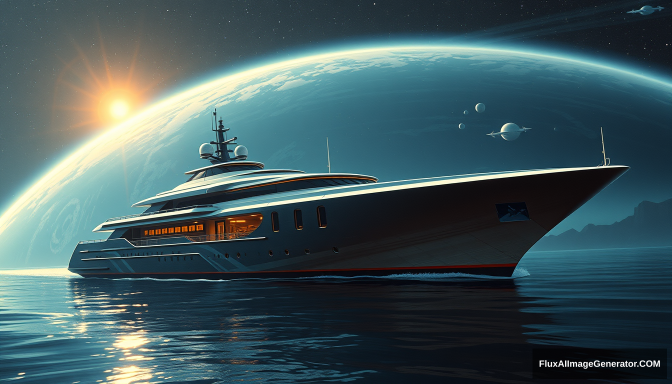 a space-going luxury yacht, as painted by Syd Mead, orbit setting, 4k, full-length mural along the side. - Image