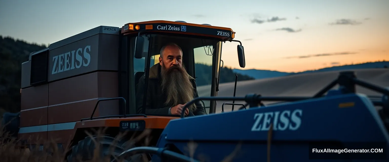 Carl Zeiss with a long beard operating a combine harvester at dusk in Tuscany. The combine harvester has a ZEISS logo on it and is blue.