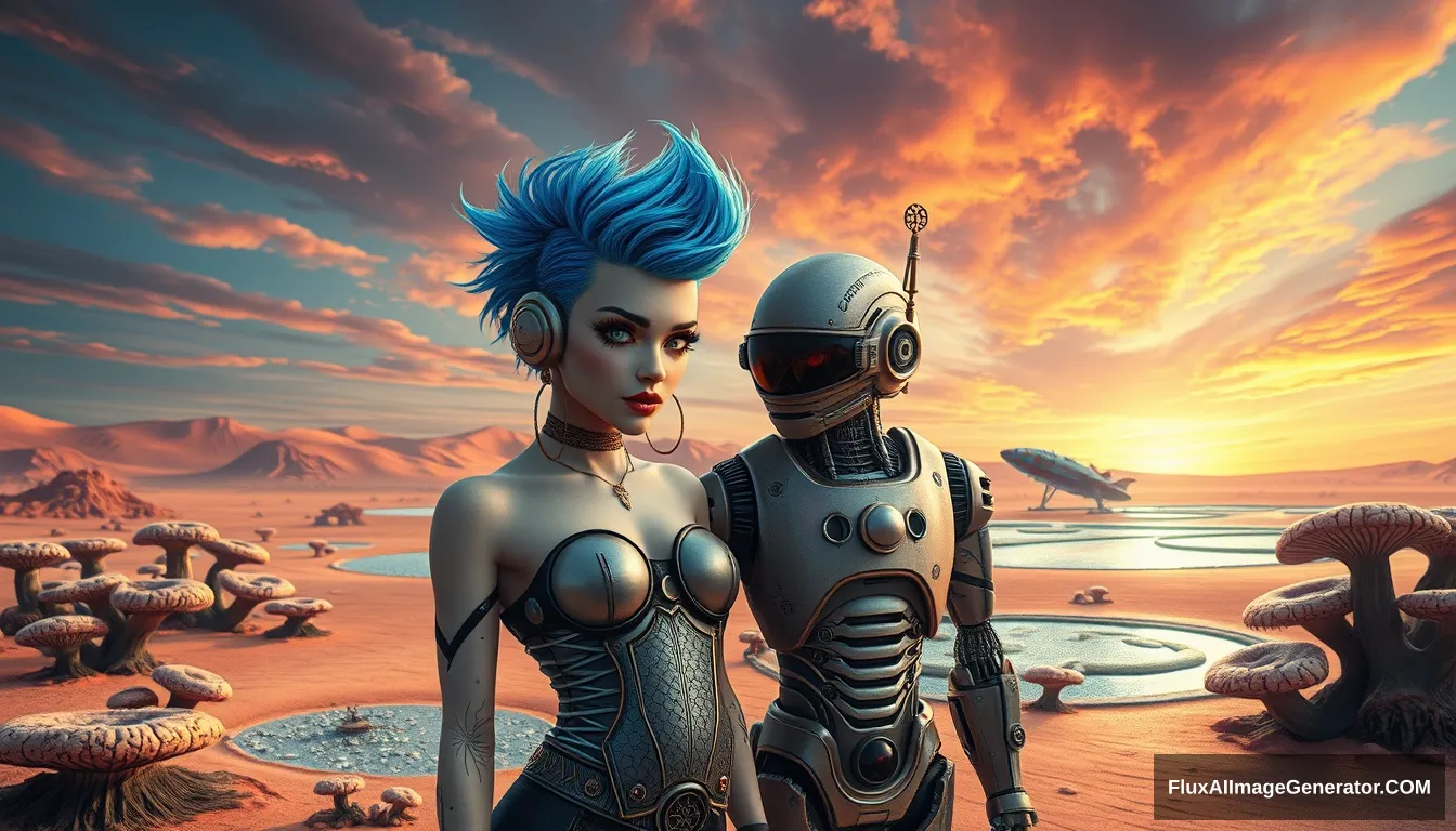 Cinematic Photo of a couple in the intricate style of Enki Bilal: A deliciously attractive punk girl with electric blue spiky hair and a charming retro-futuristic robot. A small spaceship is nearby. Scene: on a surreal alien desert adorned with iridescent fungi and shimmering lakes, all beneath a vibrant, dreamlike sky. - Image