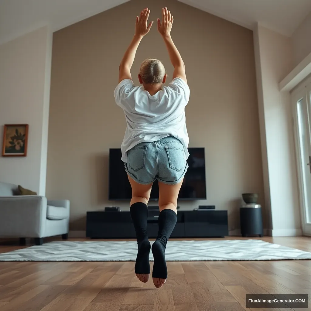 Side view of a skinny blonde woman in her large living room, wearing an excessively oversized white t-shirt that hangs a bit off-balance on one shoulder, and oversized light blue denim shorts that are not rolled up. She is wearing ankle-high black socks with no shoes. Facing her TV, she dives headfirst with both arms raised below her head, which is looking up, while her legs are pointed down in the air, positioned at a -60 degree angle. - Image