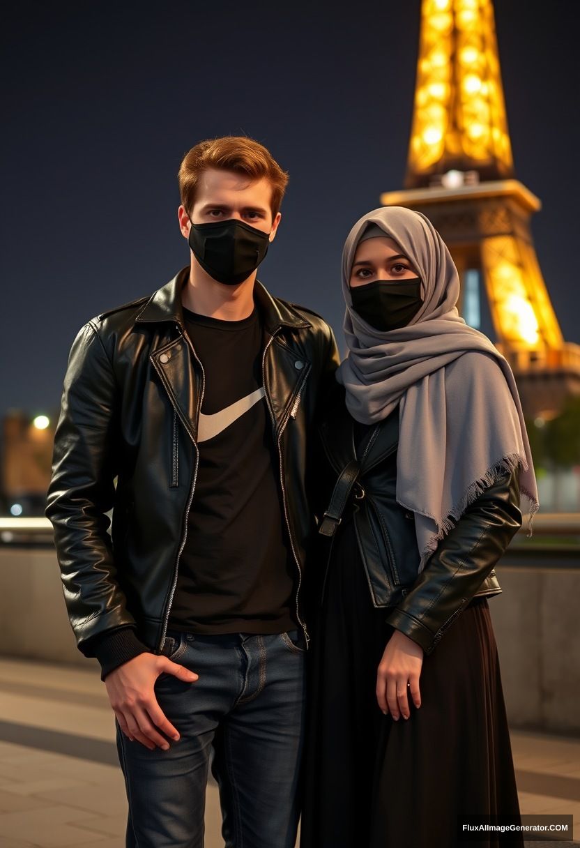 Jamie Dornan, young, black face mask, black leather jacket, Nike t-shirt, jeans,

Dating, love with a big grey hijab Muslim girl, beautiful eyes, black face mask, leather jacket, biggest longest skirt, cute,

standing near the Eiffel Tower, night scenery, hyper-realistic, photorealistic, street photography. - Image