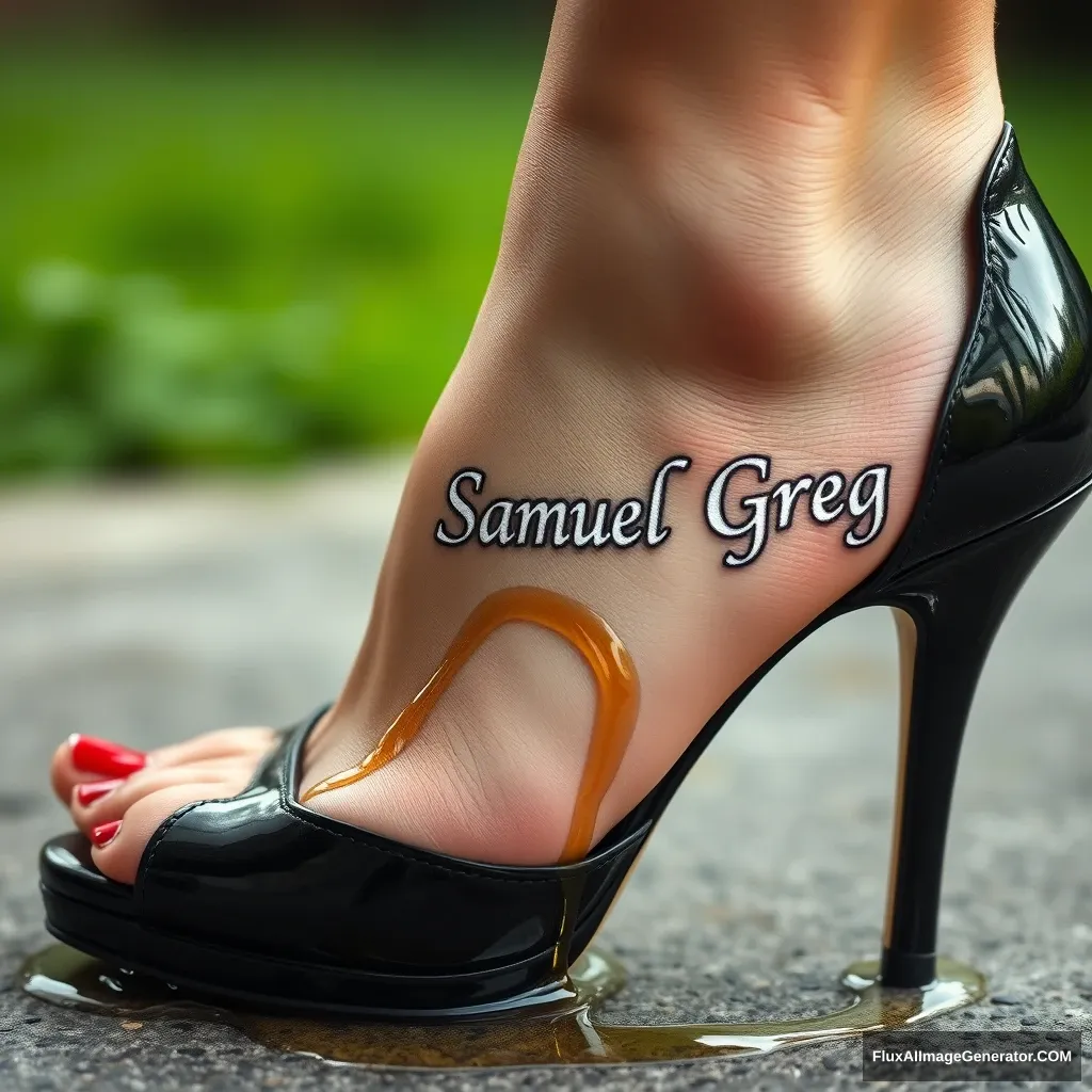 "The name 'Samuel Greg' on a woman's foot in a black high heel. There is oil all over the foot." - Image