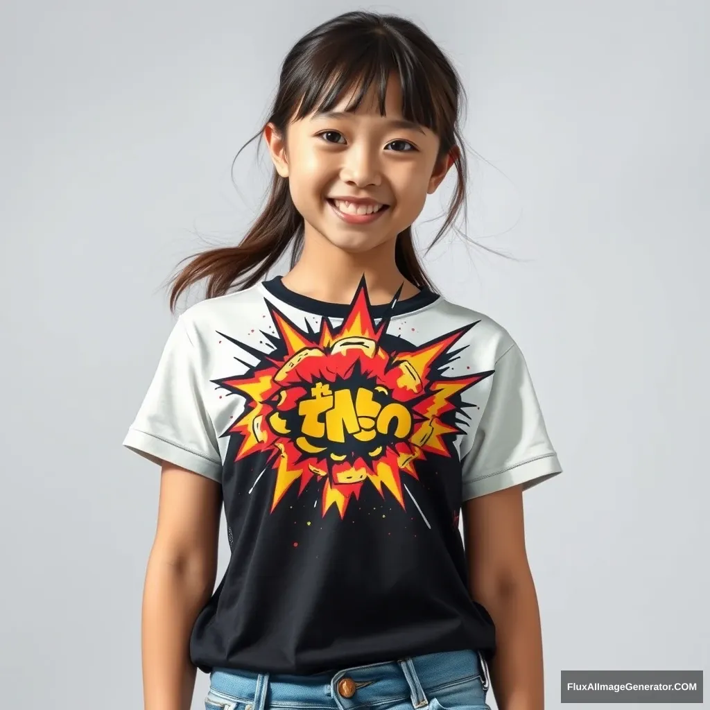 A cute Asian girl with a t-shirt printing "explosion!"