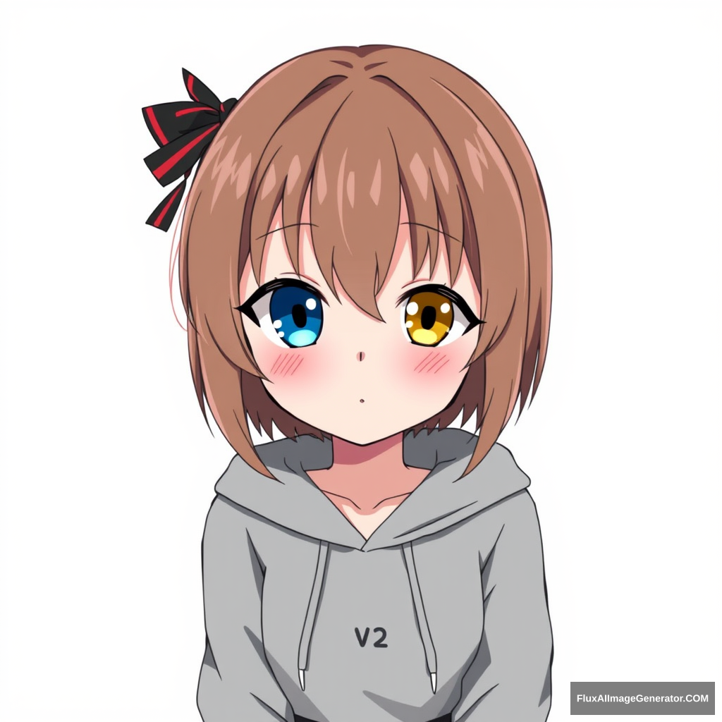 One anime girl with her left eye blue and the right one yellow, and brown hair. She has a cute look, is short, and is wearing a gray hoodie with a black skirt.