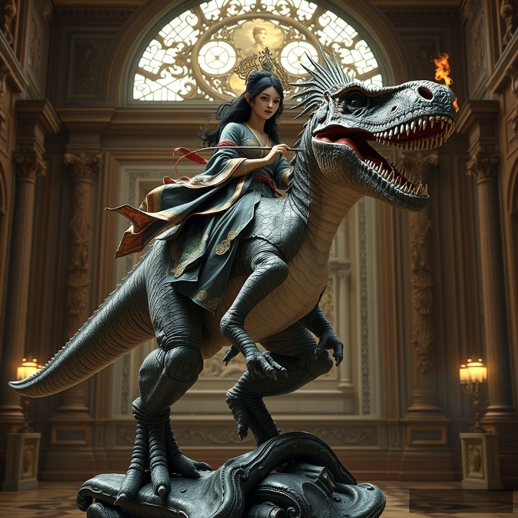 A stunning ((full body)) full wide view of a beautiful young Japanese woman riding on a velociraptor, by Gian Lorenzo Bernini, ultra photorealistic pigments, damaged, (small flames) inside a palace, 16k resolution photorealistic, masterpiece, breathtaking intricate details, realistic and lifelike CGI, dramatic natural lighting, reflective catchlights, high quality CGI VFX fine art, highly detailed, 8k sharp focus, Safe for work, ((magic wand)). - Image