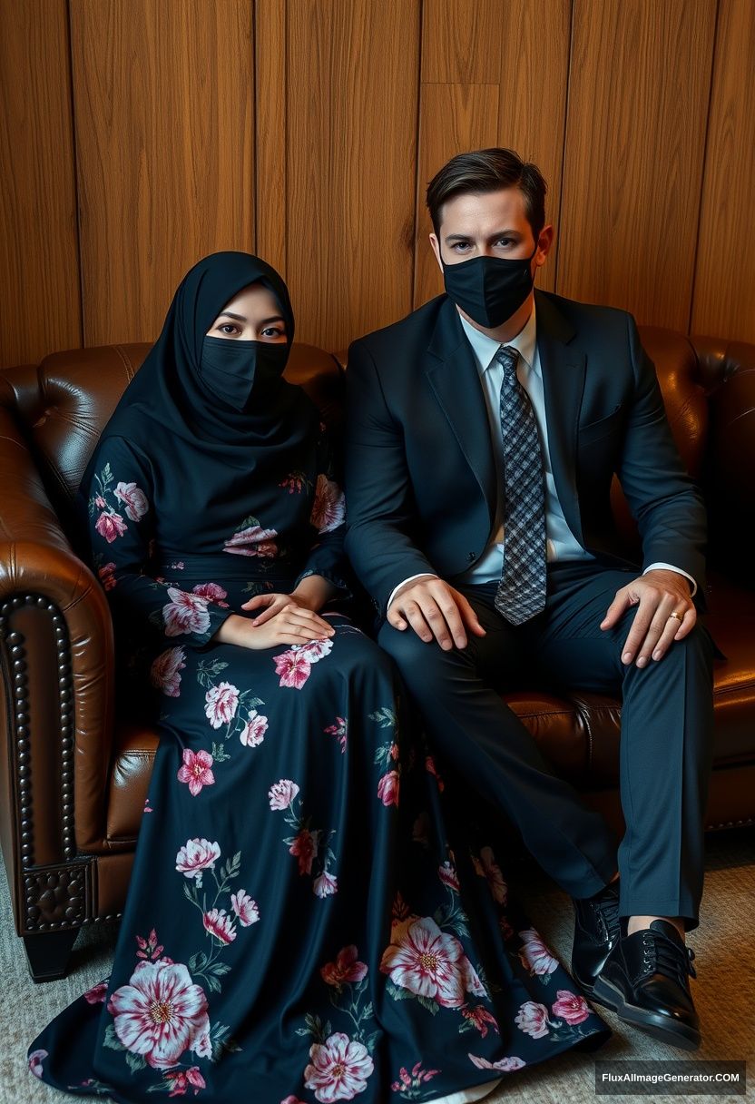 A biggest black hijab girl, slim girl, beautiful eyes, face mask black, biggest floral longest dress, sitting on leather single wing sofa,

Jamie Dornan, youngest, black suit coat, grey pattern tie, black leather sneaker, tall man, face mask black, tough body, sitting near her,

hyper realistic, studio photography.