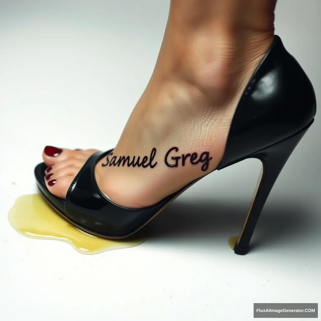 The name "Samuel Greg" on a woman's foot in a black high heel. There is oil all over the foot.