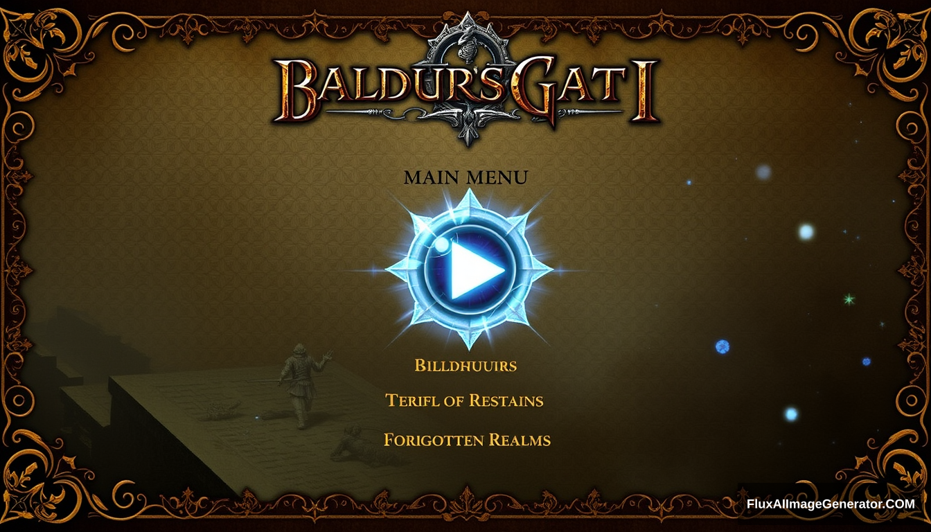 Immersive UI/UX design for Baldur's Gate 4 main menu: medieval fantasy aesthetic with intricate golden filigree borders. Central play button glows with arcane energy. Weathered parchment background displays dynamic scenes from the Forgotten Realms. Ambient magical particles float across the screen.