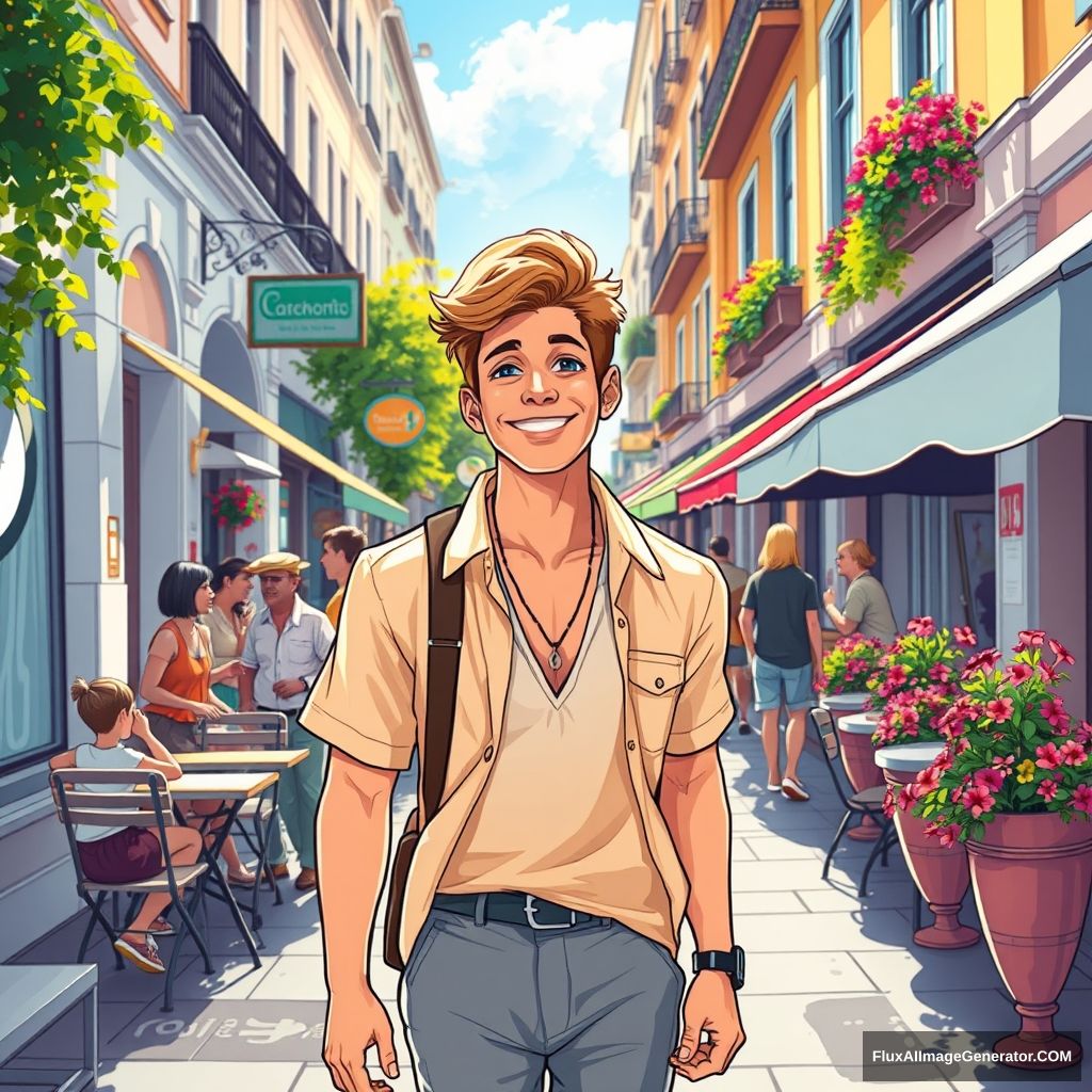 A sunny, handsome guy looking for a girlfriend, radiant smile and sparkling eyes, dressed in a casual summer outfit, walking along a charming street lined with cafes, people chatting and enjoying the outdoors, vibrant flower pots adorn the sidewalk, composition shows the guy mid-stride with a background of bustling life, an atmosphere tinged with optimism and connection, suggesting a quest for love in a lively urban setting, digital artwork, using bright colors to enhance the playful and hopeful spirit of the scene, --ar 16:9 --v 5. - Image