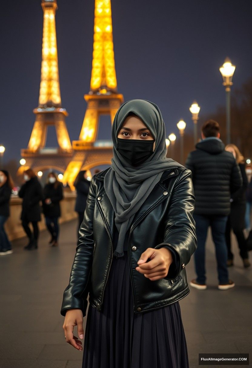 Biggest grey hijab Muslim girl, beautiful eyes, black face mask, leather jacket, biggest longest skirt, standing near the Eiffel Tower, night scenery, strangers in the background, hyper-realistic, photorealistic, street photography, hold someone's hand from opposite, come hold my hand.