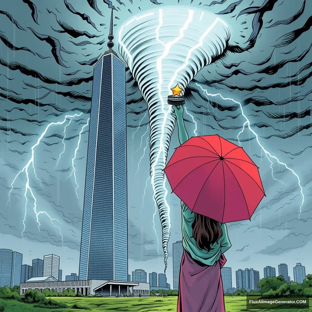 'Taipei 101 building and the Statue of Liberty placed together, facing a tornado, with thunder and lightning, a girl's umbrella flipped up, in a comic style.' - Image