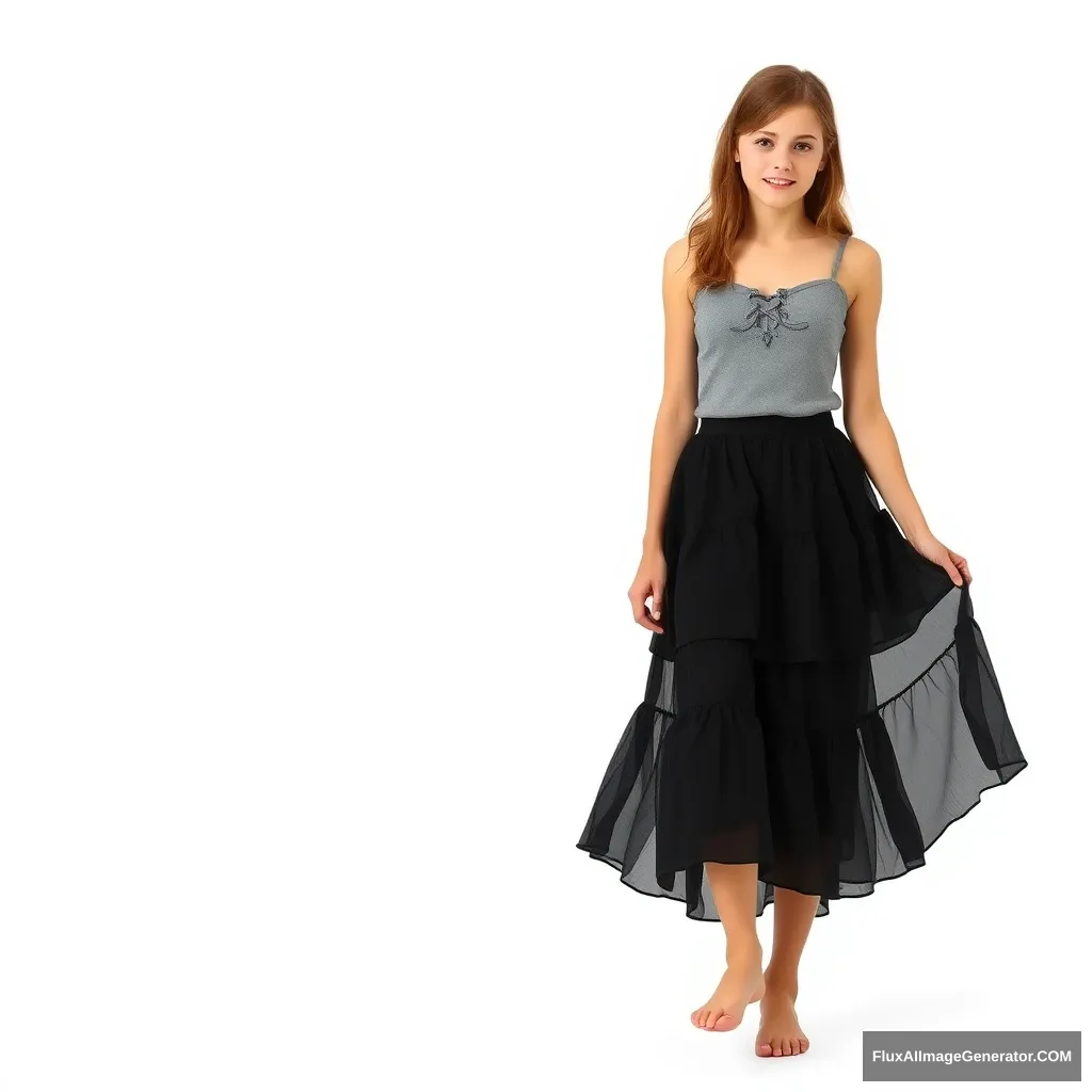 "Create a photo of a 16-year-old German girl wearing a short black tiered skirt and a gray sleeveless top. She is barefoot. The background is white, no text. The person is fully visible and facing forward. She is walking towards the viewer." - Image