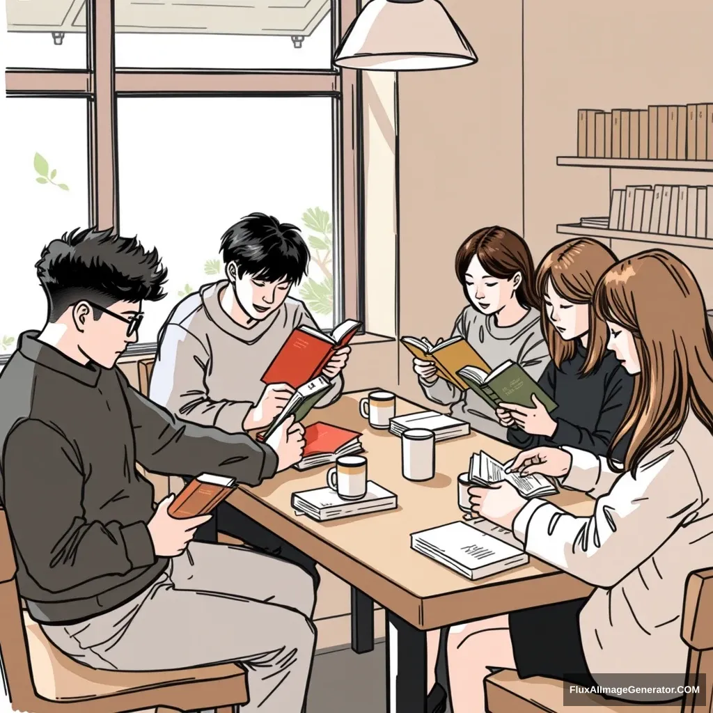 "Please draw a scene of people reading books in a coffee shop group seating. There are a total of 9 people: 4 men and 5 women. Each person has brought their own book to read. On the table, there are their books and the coffee they ordered. Everyone is Korean. Please make sure to capture the Korean vibe in the drawing." - Image