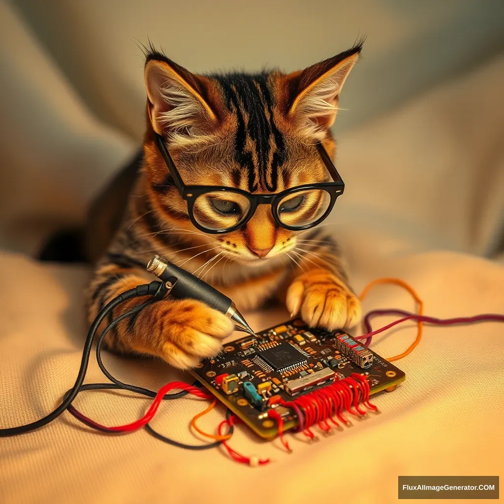 A mischievous tabby cat, wearing tiny spectacles, meticulously solders a circuit board with a miniature iron. Vibrant threads weave intricate patterns, mimicking electronic pathways. Soft fabric backdrop, warm lighting. Delicate French knots form components. Style: Hyper-realistic embroidery art, blending traditional craftsmanship with modern technology. - Image