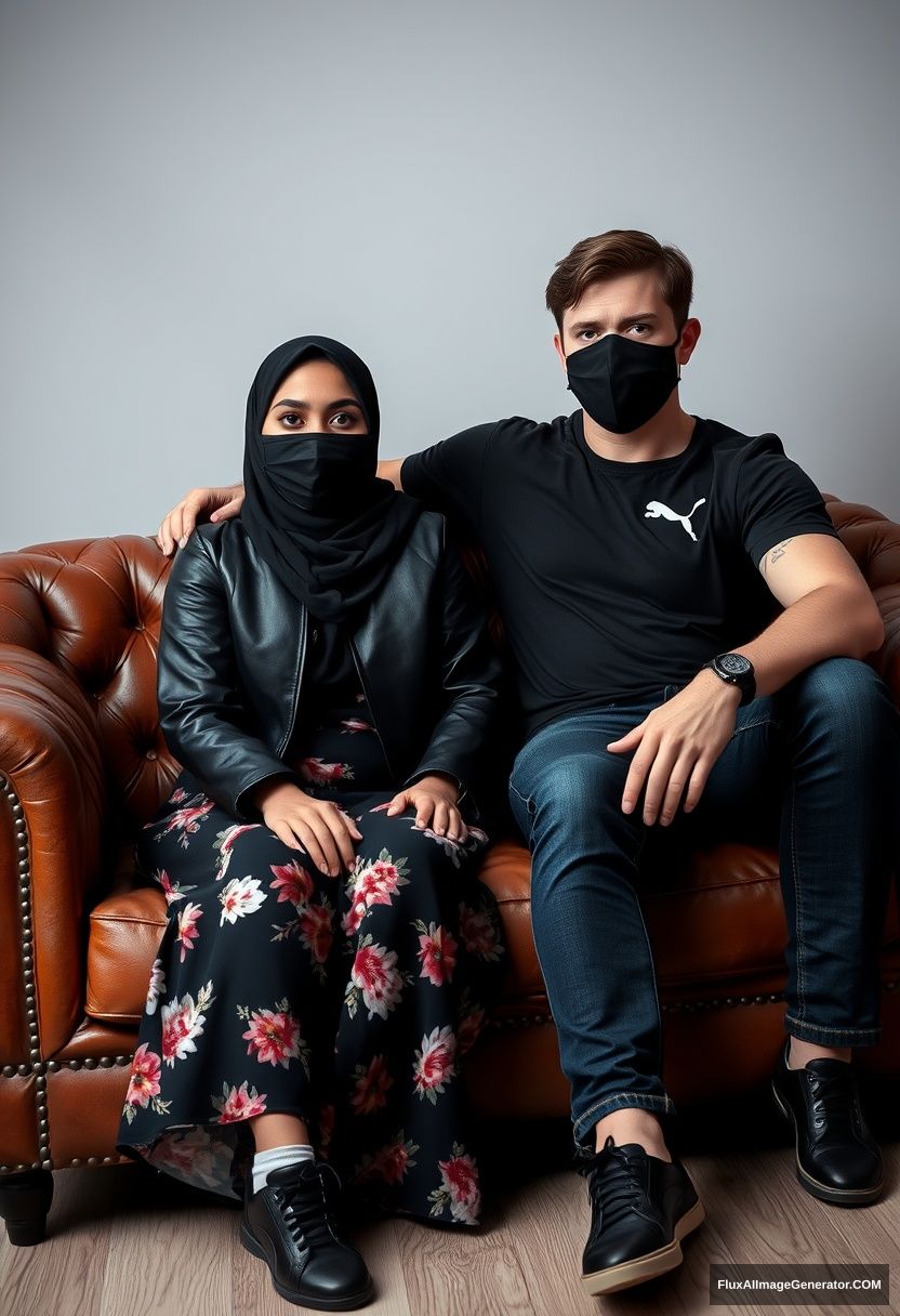 A biggest black hijab girl, slim girl, beautiful eyes, face mask black, black leather jacket, biggest floral long dress, black leather sneaker, sitting on a leather single wing sofa, Jamie Dornan, youngest, puma black T-shirt, jeans, black leather sneaker, tall man, face mask black, fit body, sitting near her, hyper realistic, studio photography.