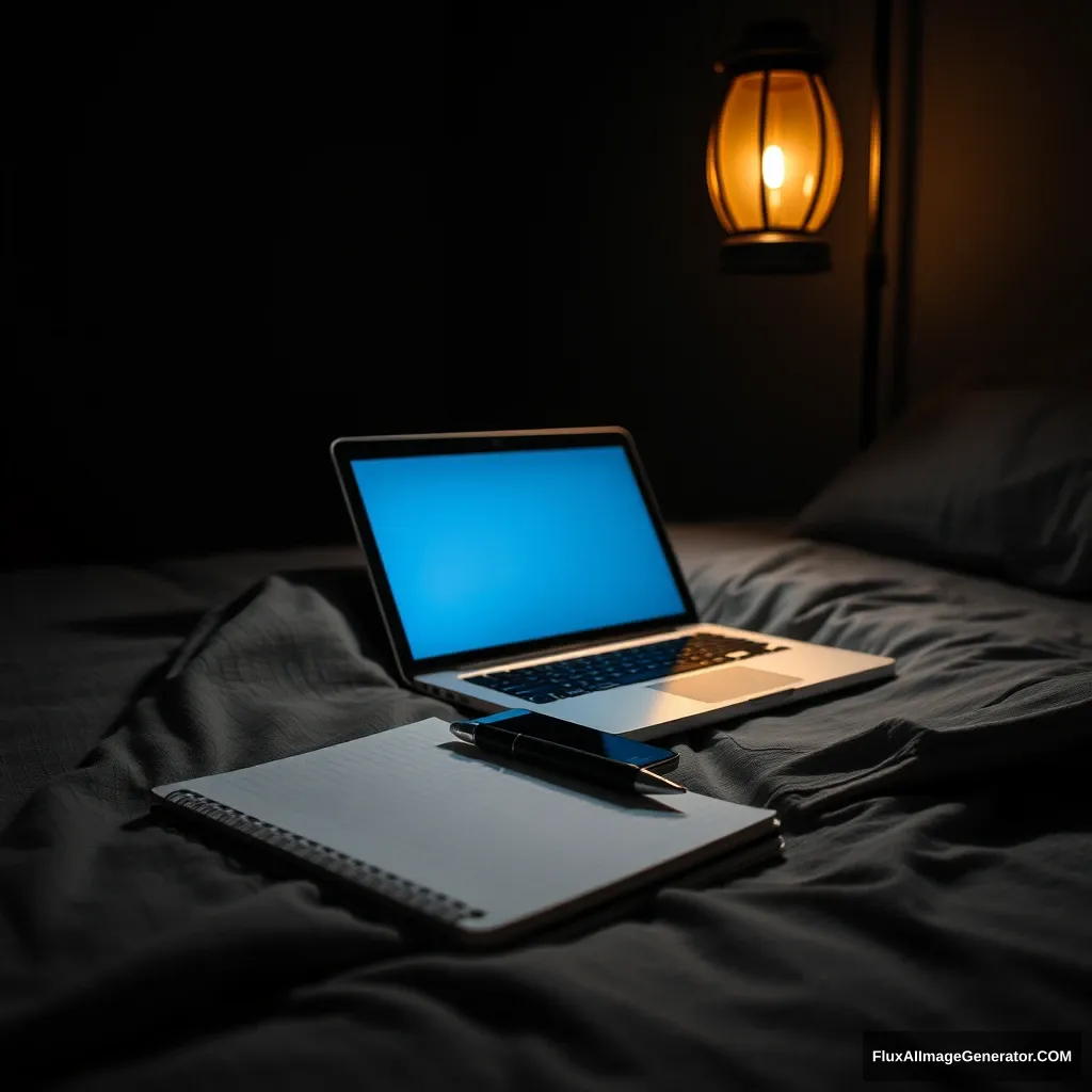 On laptop, notebook, a pen, phone, on bed, hyper realistic, studio photography, lantern light, gloomy.