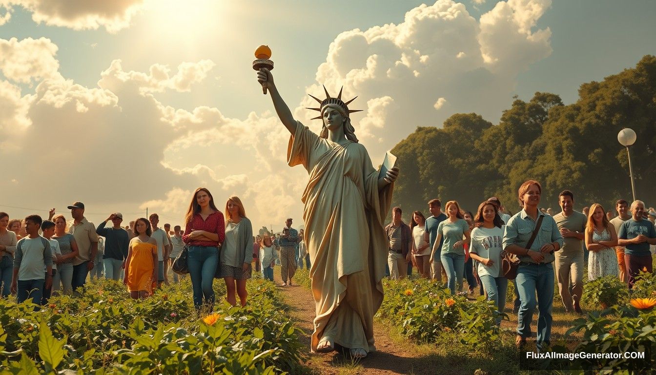 A powerful and inspiring image depicting the concept of freedom and food sovereignty. In the foreground, a goddess symbolizing liberty leads the people towards a bright future, reminiscent of the iconic painting 'Liberty Leading the People.' The goddess appears mostly human, with only about 10% of her body showing robotic elements, such as a mechanical arm or eye. She is surrounded by families and individuals who are joyous and supportive, embracing and helping each other. Among the people, advanced robots are also present, assisting and supporting the humans. The scene is vibrant and full of hope, capturing the essence of unity, progress, and decentralized, family-based agricultural production.