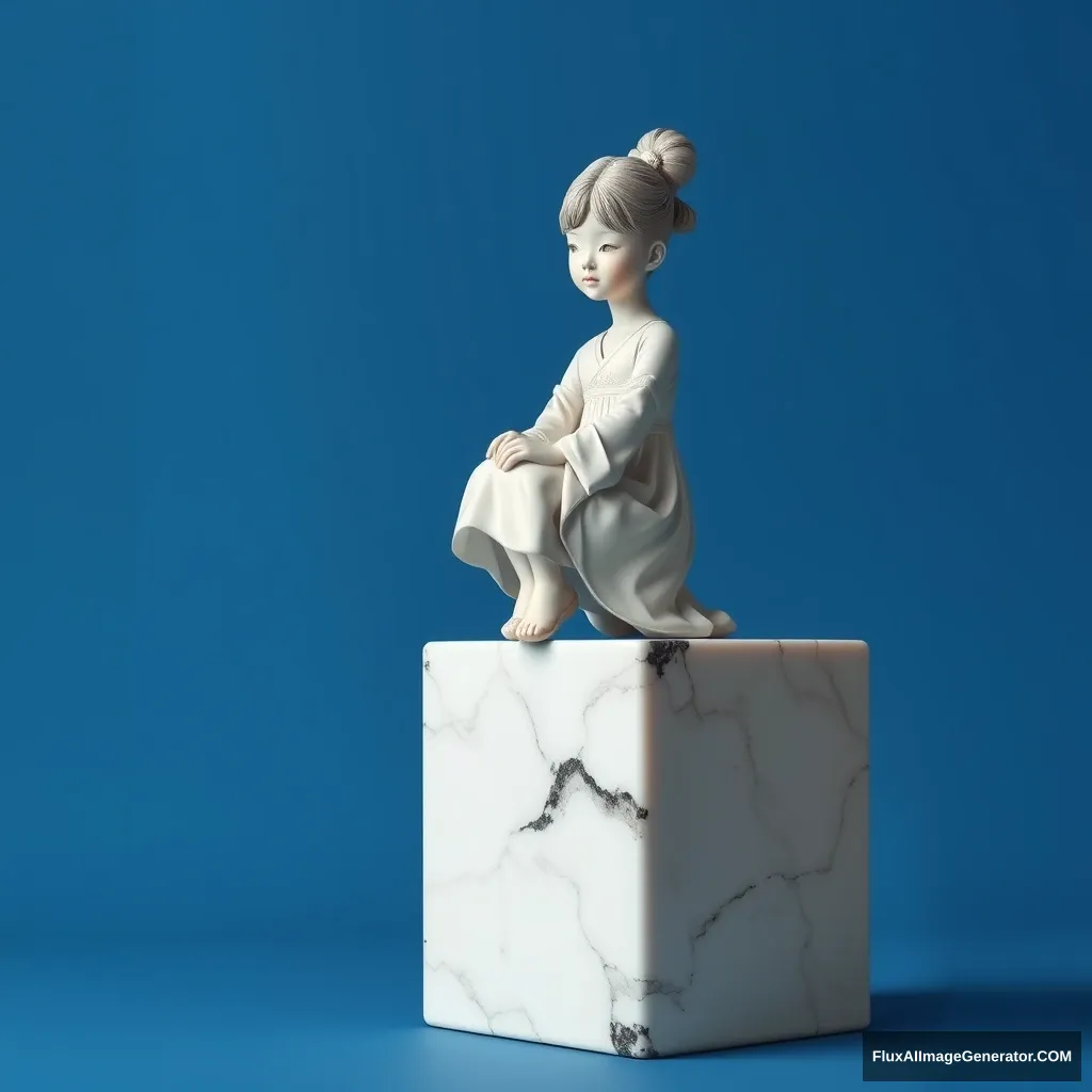 A Chinese girl sitting on a giant cube in a white dress with her legs crossed, against a blue background, a marble sculpture.