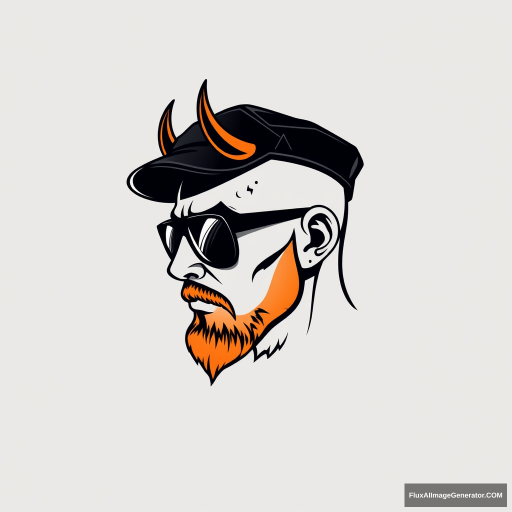 Sleek vector logo design: bald human male, three-quarter view, with demonic horns and short trimmed fiery ginger beard. Minimalist flat cap and aviator glasses. 3D printer layer lines texture. Monochromatic color scheme with bold negative space. Retro-futuristic feel, evoking 1980s cyberpunk aesthetics. - Image