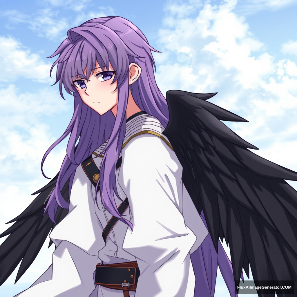 Medieval, anime style, 1 boy, 16 years old, long purple hair, black wings.