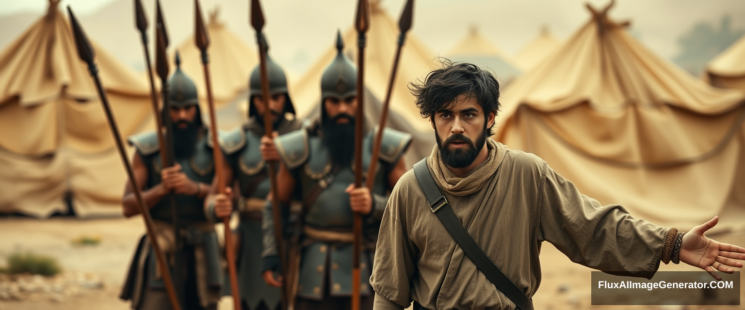 Create an image of two men standing apart and facing off, while a group of four soldiers holding spears gathers closely behind the man on the left. The man on the right is a young man with his arms stretched out to the sides, looking shocked. He has dark, messy, unkempt hair and a beard, dressed in a simple biblical-era shepherd's tunic, and is sternly looking into the eyes of the man on the left. The other man appears middle-aged, has a Jewish black beard, and is wearing a full suit of biblical-era leather armor and a conical helmet with a pointed tip. The overall mood of the image is one of anxiety and concern. The background features a blurred ancient biblical Jewish army camp with desert Arabic tents. The overall mood is intense and cinematic.