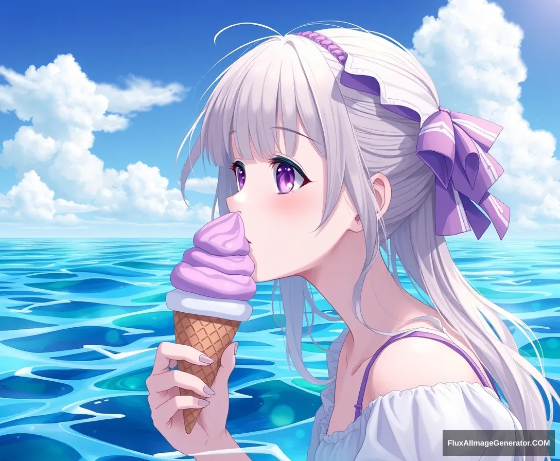 1 girl, purple ice cream, photorealistic, in the ocean