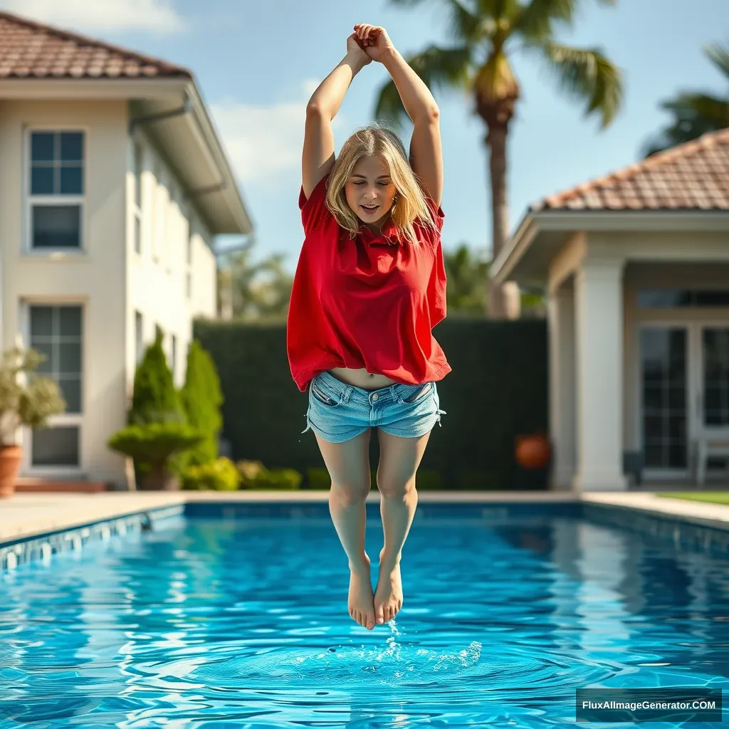 Front view of a young blonde skinny woman in her early twenties in her large backyard. She is wearing an oversized red polo shirt that is slightly off balance on one shoulder, with the bottom of the shirt tucked in on all sides. She is also wearing small light blue denim shorts and has no shoes or socks. She jumps into her luxurious pool headfirst, going upside down, and is already halfway in the pool. - Image