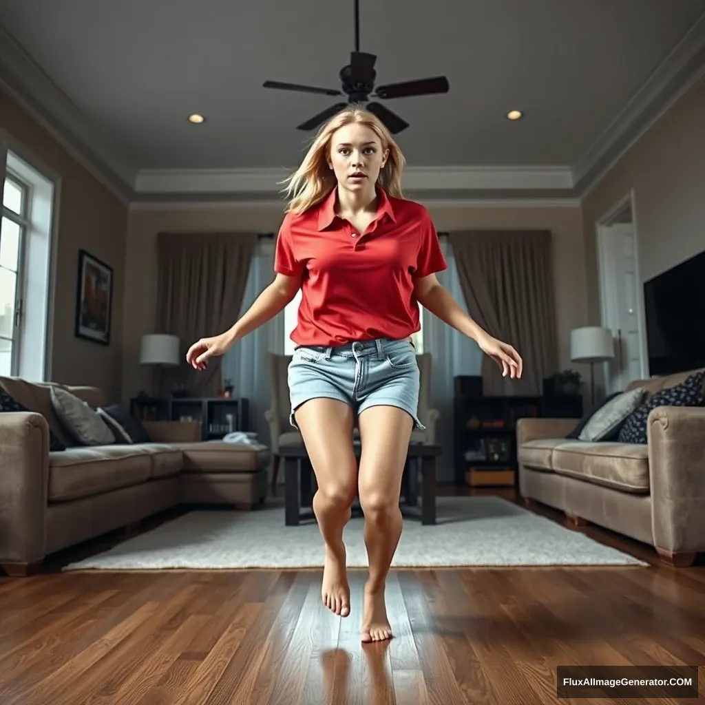 Front view of a blonde skinny woman in her early twenties in her massive living room, wearing a massively oversized red polo t-shirt that is quite unbalanced on one shoulder and also untucked. She is wearing light blue denim shorts and no shoes or socks. She faces the camera, looking scared, and runs towards it with both arms straight down.